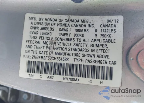 2012 Honda Civic Lx from USA, damaged, VIN 2HGFB2F50CH564588